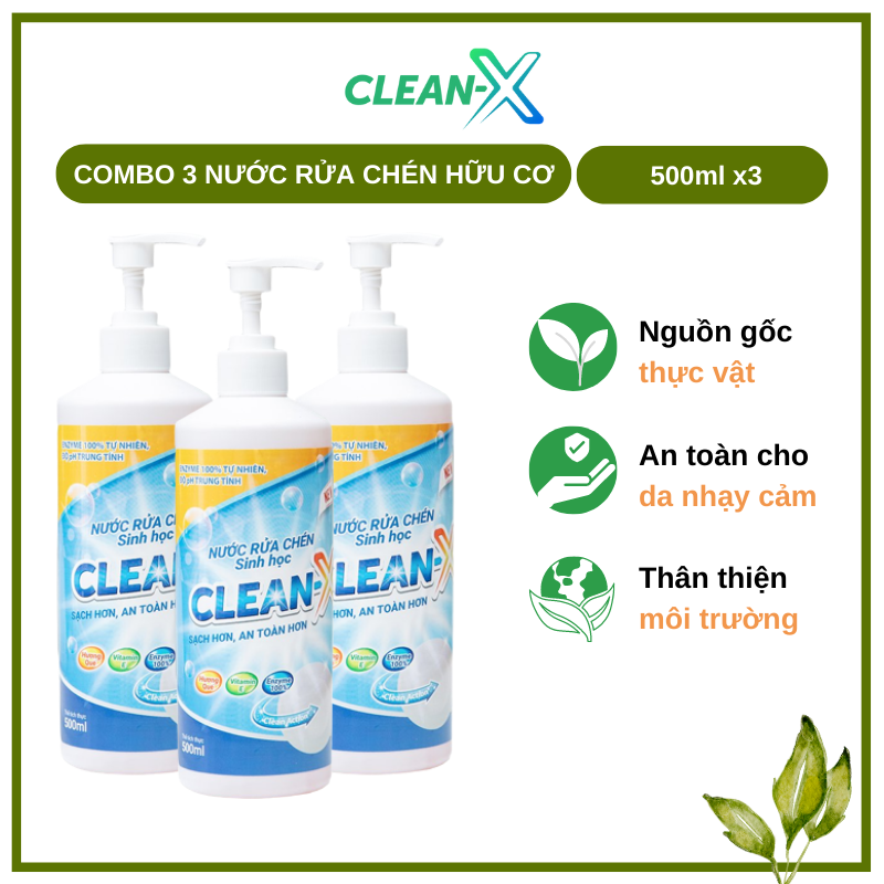 NƯỚC RỬA CHÉN BÁT SINH HỌC CLEANX 500ml - COMBO 3 Chai 500ML