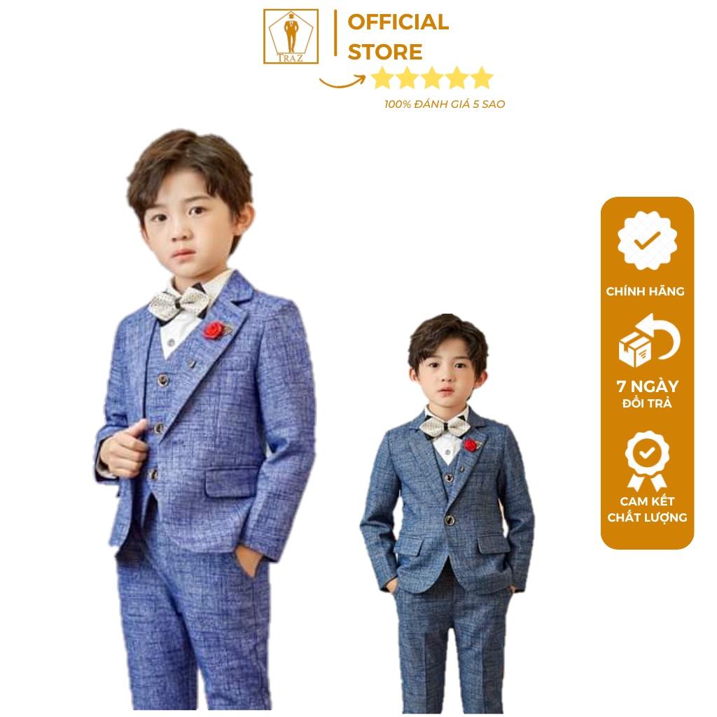 Set bộ vest bé trai TRAZmàu karo xước xám xanh vest đầy tháng thôi nôi