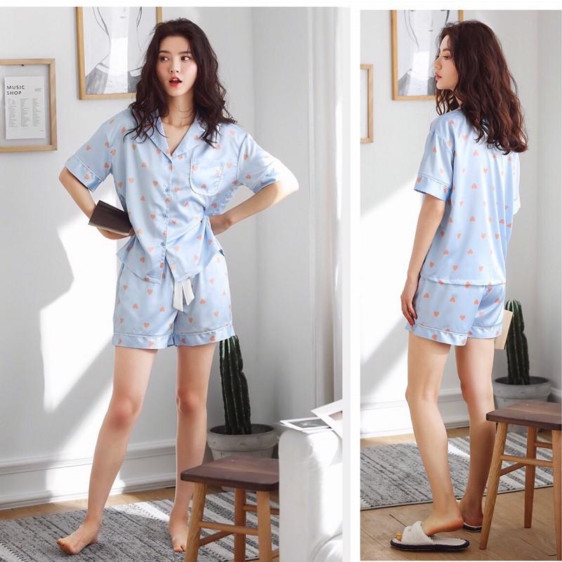 Bộ pyjama lụa nữ mặc nhà dáng ngắn họa tiết trái tim (C299)