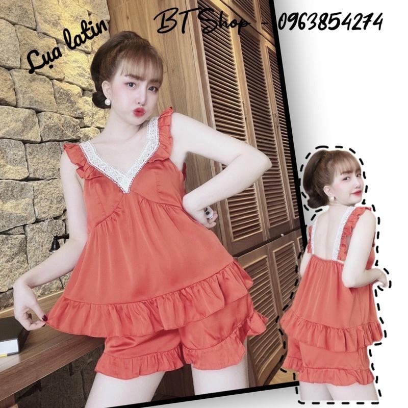 Đồ ngủ mặc nhà lụa latin cổ viền ren trơn đùi freesize 42-57kg