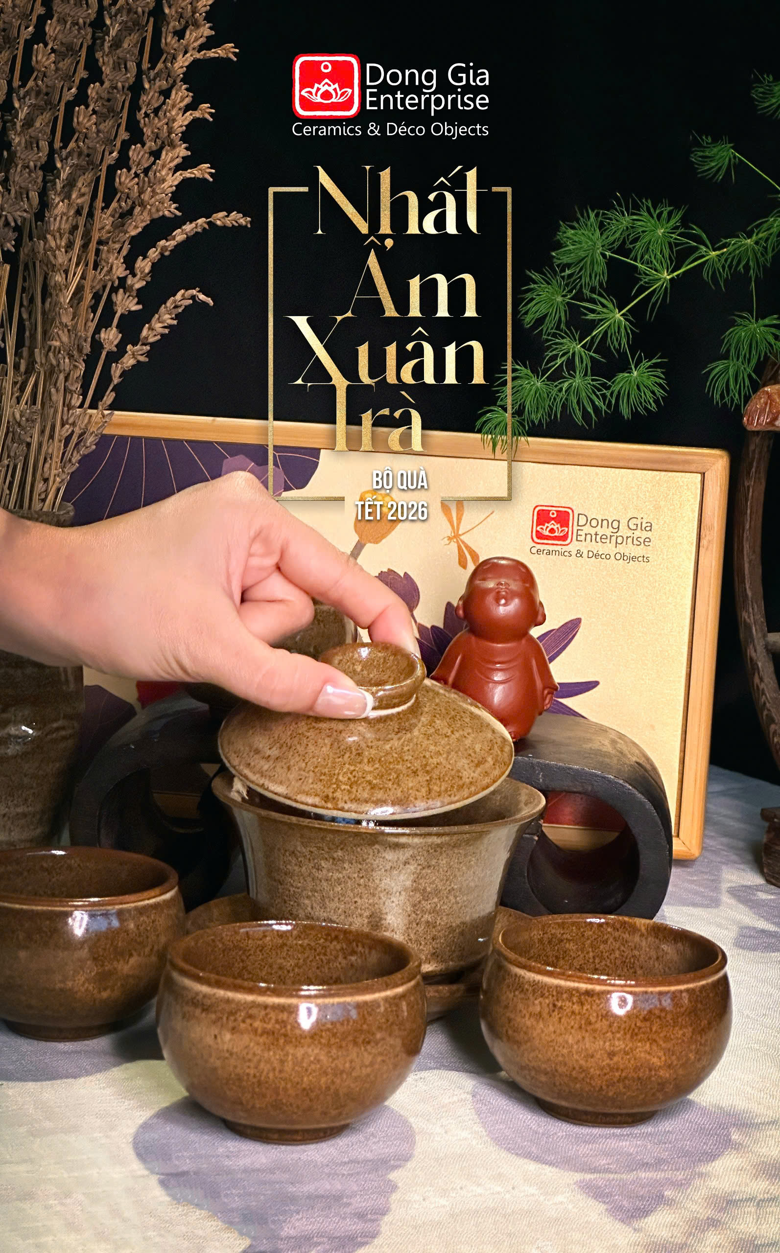 Bộ QT hộp tre khải trà + 04 chén - Men 0035 Sành