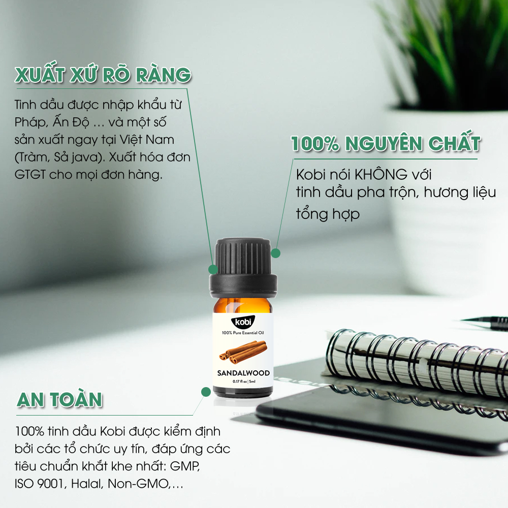 Tinh dầu Gỗ Đàn Hương Kobi Sandalwood essential oil giúp ngủ sâu giấc, hỗ trợ thiền định hiệu quả - 5ml