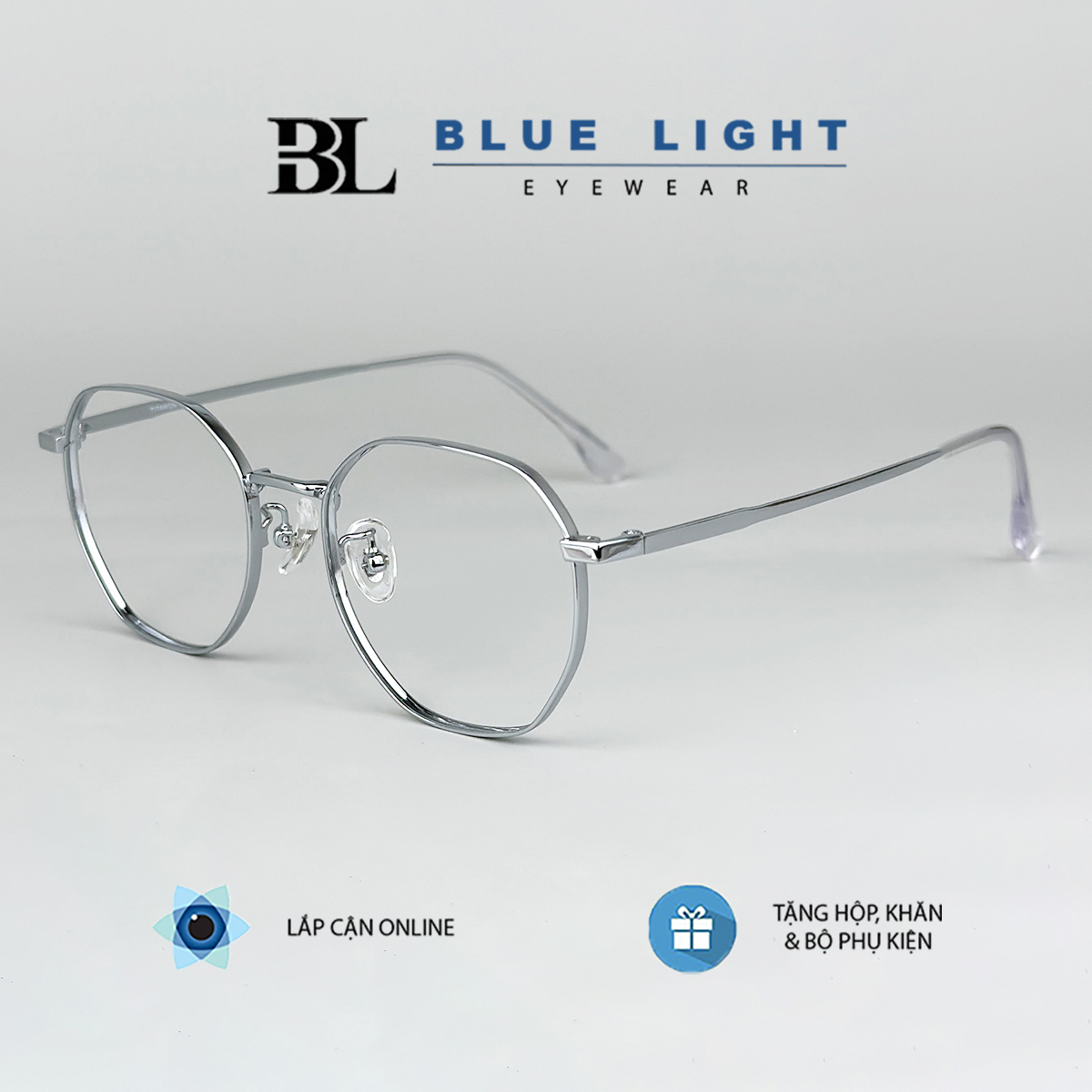 Gọng Kính Cận Giả Cận Nam Nữ Cao Cấp Titanium BLUE LIGHT, Mắt Lục Giác Nhỏ Dày Dặn, Nhẹ, Vàng Hồng Dẻo Bạc, Đen