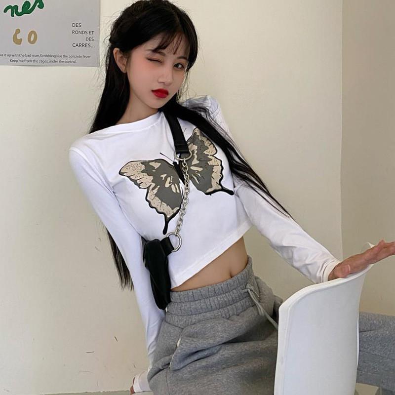 NEW BUTTERFLY Áo Thun Nữ Tay Dài Dáng Ôm In Hình Bướm Thời Trang