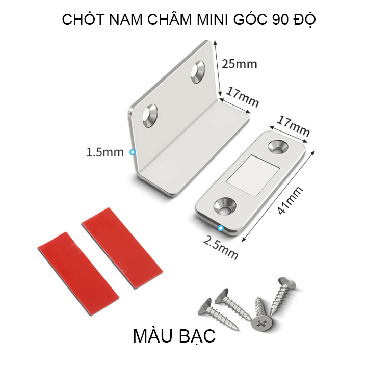 Chốt nam châm mini góc 90 độ cho cánh cửa tủ, ngăn kéo bàn, cửa trượt, có băng dính 2 mặt và vít kèm theo