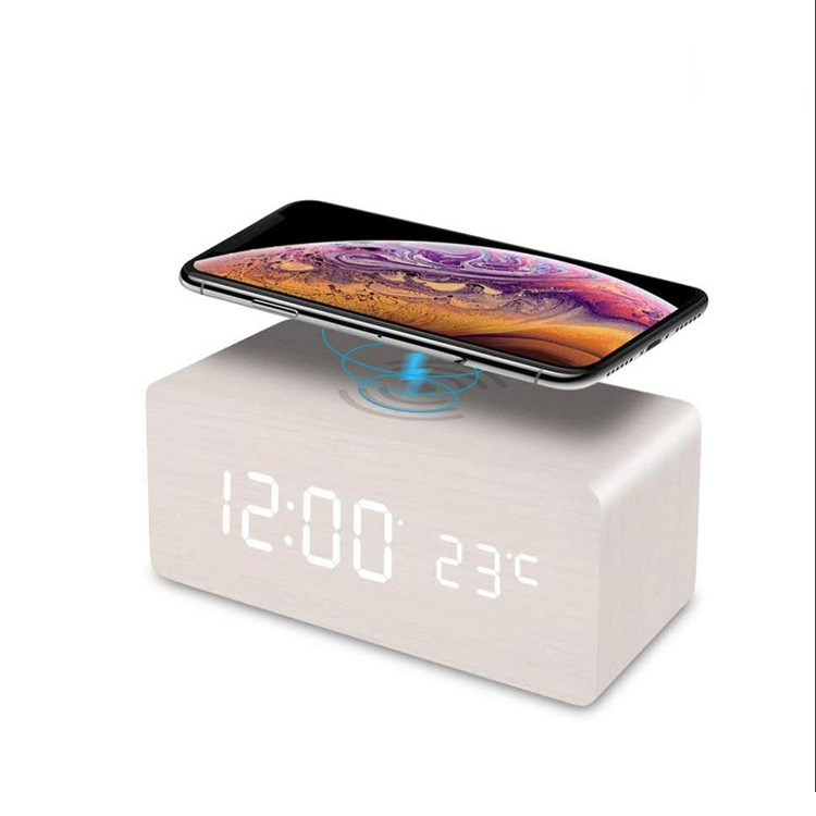 Đồng hồ LED để bàn giả gỗ CAO CẤP - Sạc không dây Qi wireless charger- Nhiệt kế - Báo thức - Cảm ứng âm thanh - Gỗ Trắng Led Trắng