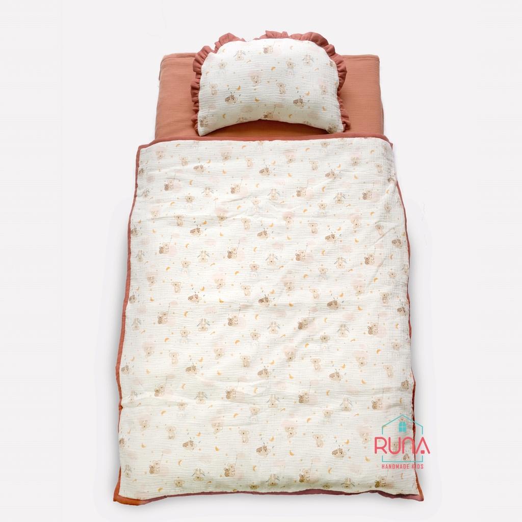 Bộ chăn gối đi học Runa Kids vải Muslin Rustic chần bông cao cấp siêu nhẹ ấm áp an toàn cho da bé