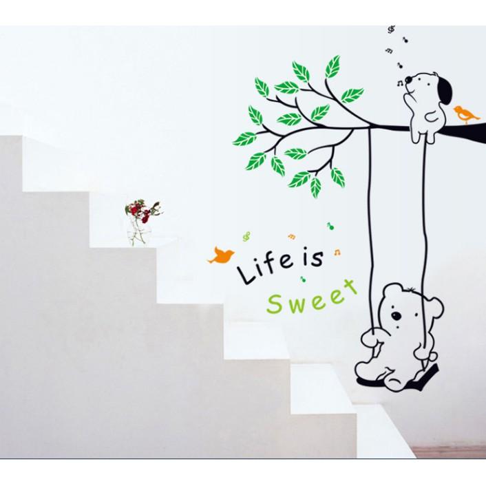 Decal trang trí tường Gấu chơi xích đu trên nhánh cây Life is Sweet