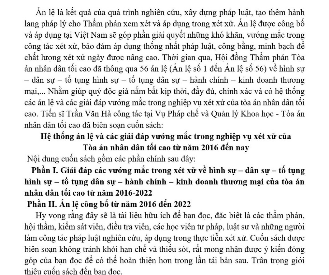 Hệ thống Án lệ và các giải đáp vướng mắc trong nghiệp vụ xét xử của Tòa án nhân dân tối cao từ năm 2016 đến nay