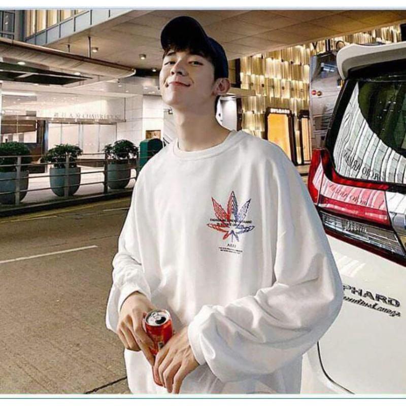 Áo sweater unisex from rộng, dài tay in hình lá xanh đỏ