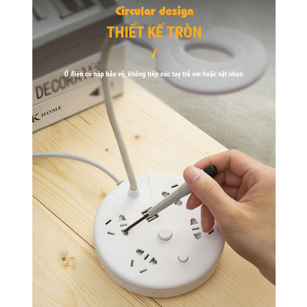 Ổ Cắm Điện Tròn NAVIVU Kết Hợp Đèn Bàn, Cổng Sạc USB, Dây Chịu Tải 2500W, Chống Cháy