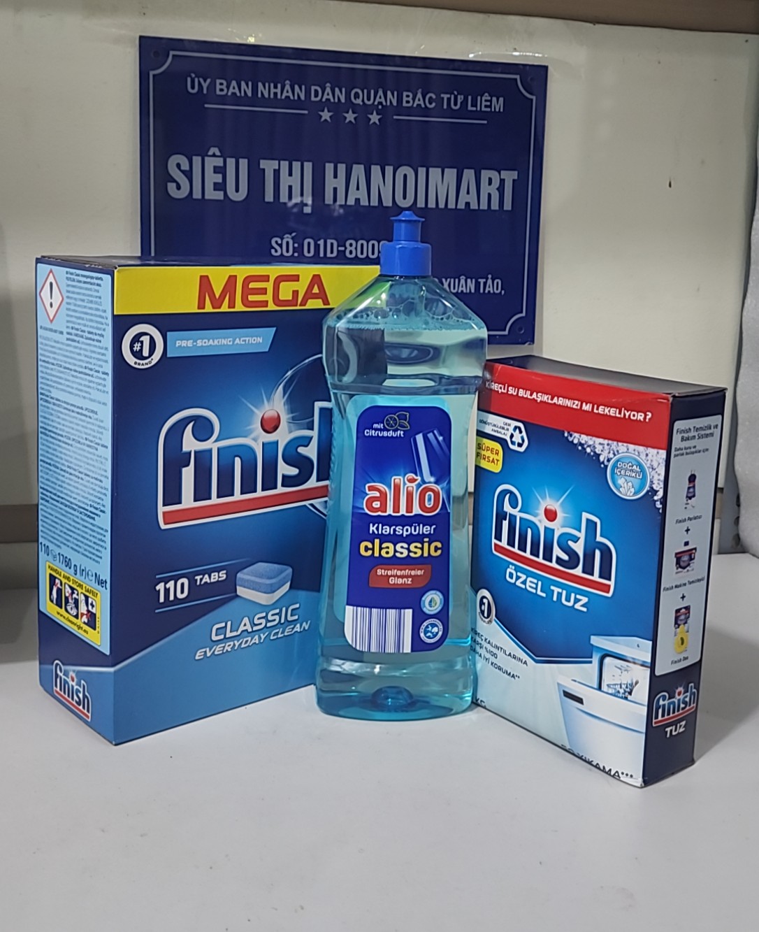 Bộ muối rửa bát Finish+ 100 viên rửa bát Finish+ chai bóng Alio 1000ml