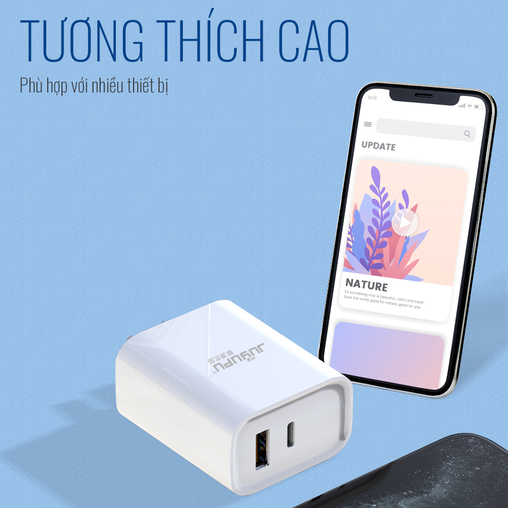 Củ sạc JUYUPU U01CT sạc nhanh PD QC3.0 công suất 18W 2 cổng ra Type C USB cốc sạc điện thoại dành cho iPhone Samsung OPPO VIVO HUAWEI XIAOMI - HÀNG CHÍNH HÃNG