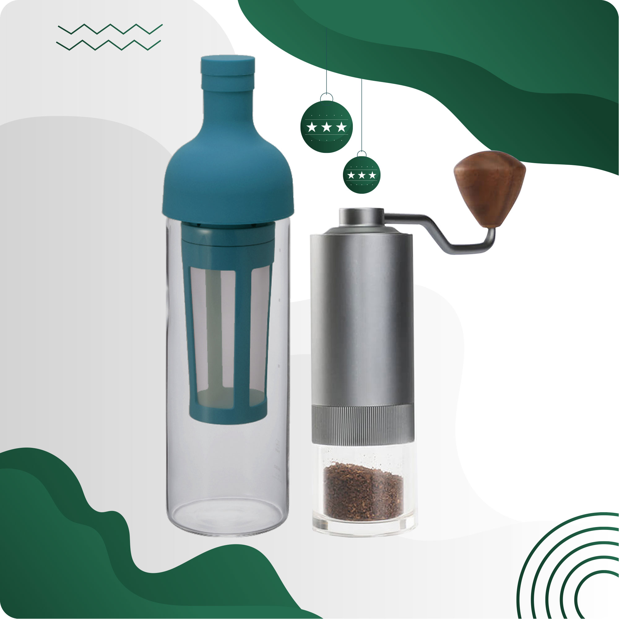 COMBO BÌNH PHA CÀ PHÊ LẠNH HARIO COLD BREW FILTER IN COFFEE BOTTLE GREEN &amp; CỐI XAY TAY GRURU PRO XÁM – WINTER BREAK