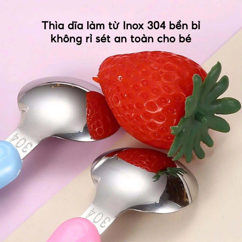 Bộ Ăn Dặm Cho Bé 3 Món, Đũa Xỏ Ngón + Thìa + Dĩa, Dễ Cầm Chống Rơi, An Toàn, Màu Xanh/Hồng - HÀNG CHÍNH HÃNG MINIIN