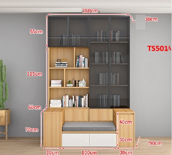 TỦ KỆ SÁCH CÁNH KÍNH KÈM GHẾ NGỒI TS501A - NỘI THẤT LẮP RÁP VIENDONGADV