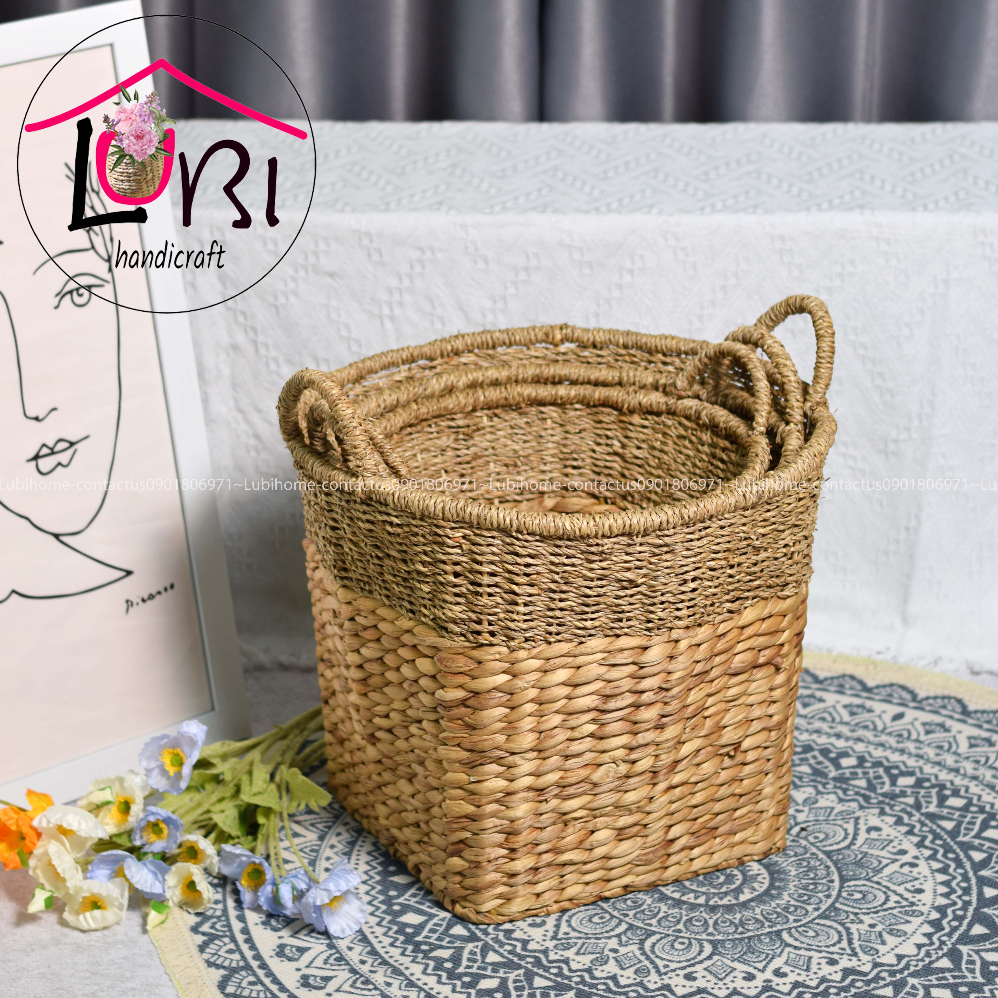 Lubihandicraft - Sọt đựng đồ lục bình kêt hợp cói miệng tròn đáy vuông - xinh xắn