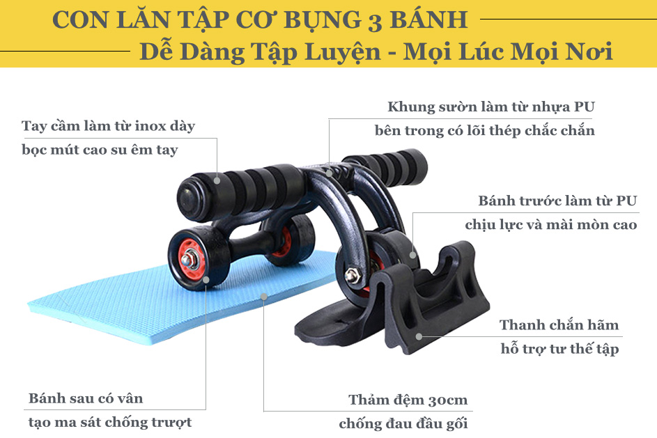 Con Lăn Tập Cơ Bụng Exercise Wheel 3 bánh xe PKLULS3364