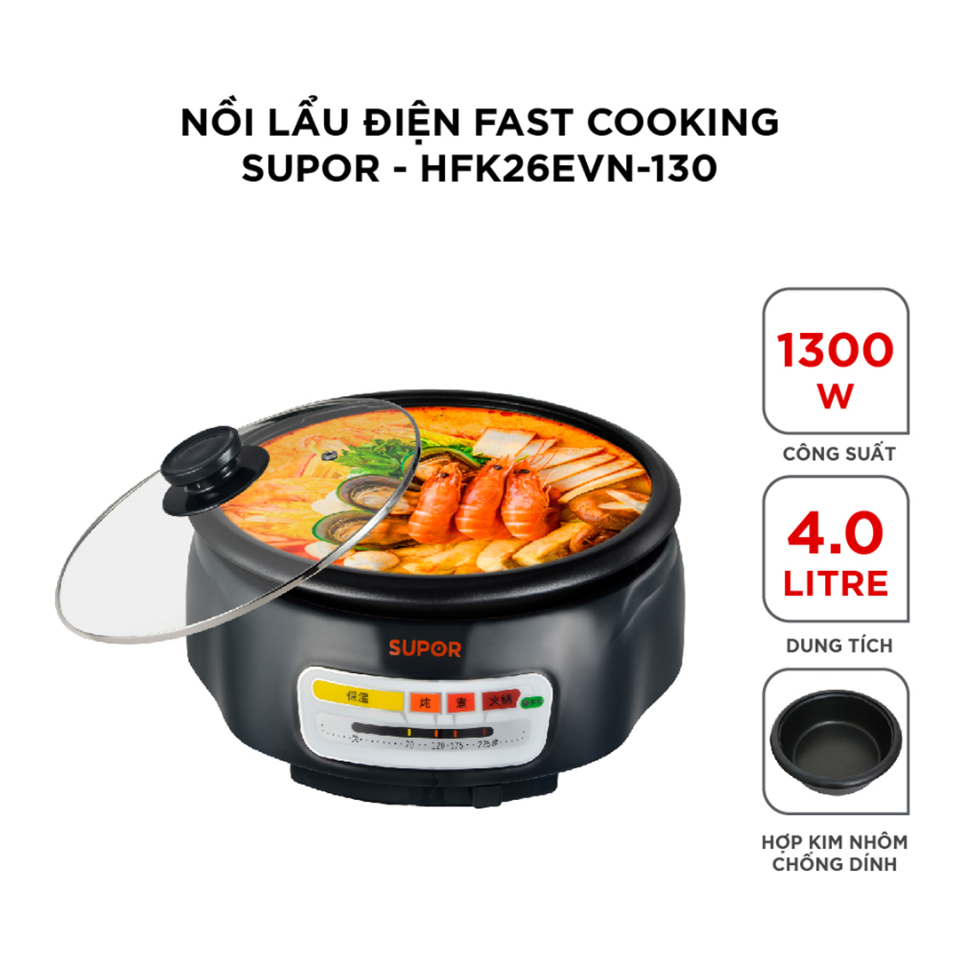 (HÀNG CHÍNH HÃNG) Nồi lẩu điện Fast Cooking Supor HFK26EVN-130 - 4L, 1300W