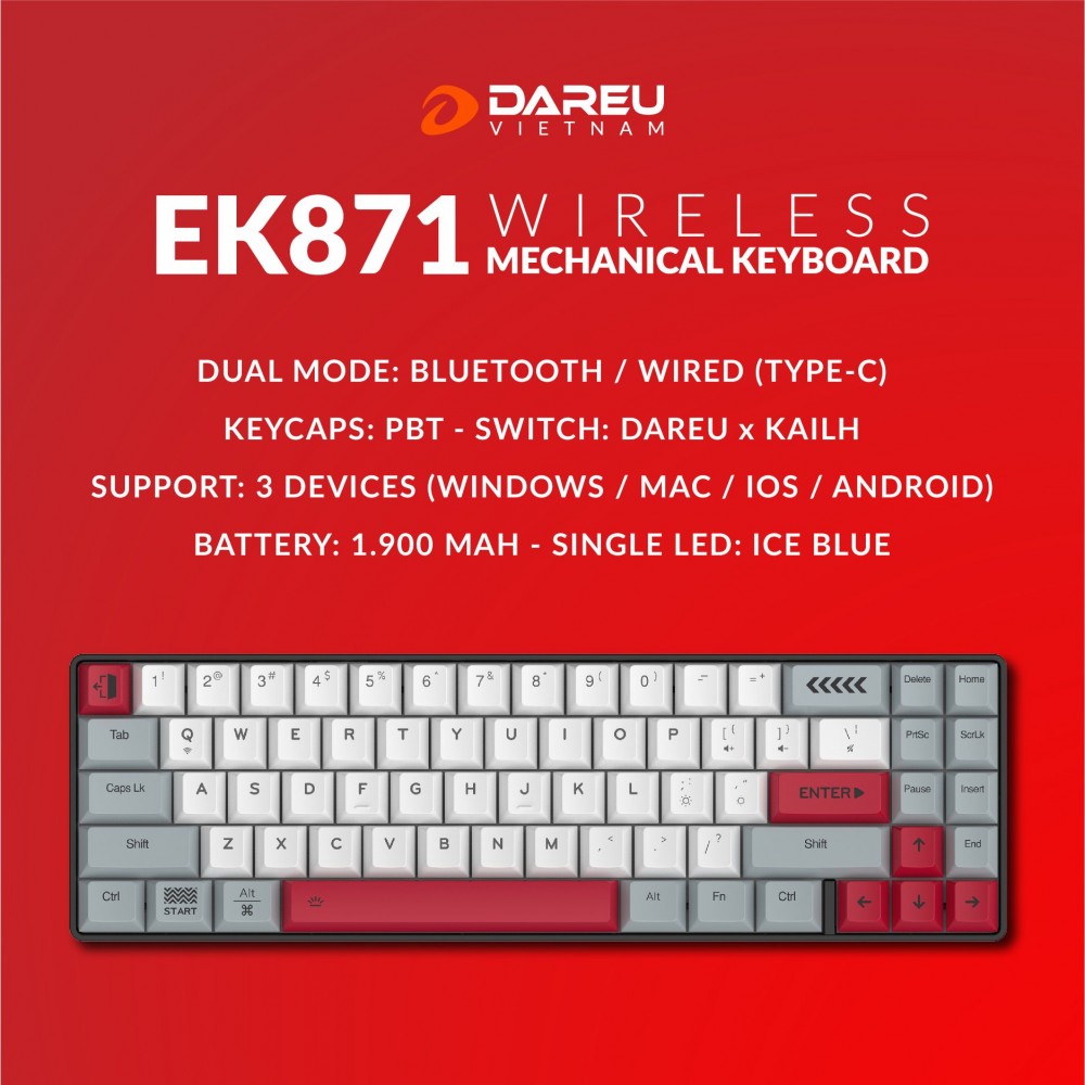 Bàn phím cơ không dây DAREU EK871 GREY-WHITE 71KEY (PBT, Blue/ Brown/ Red D-KAILH switch) - Hàng chính hãng