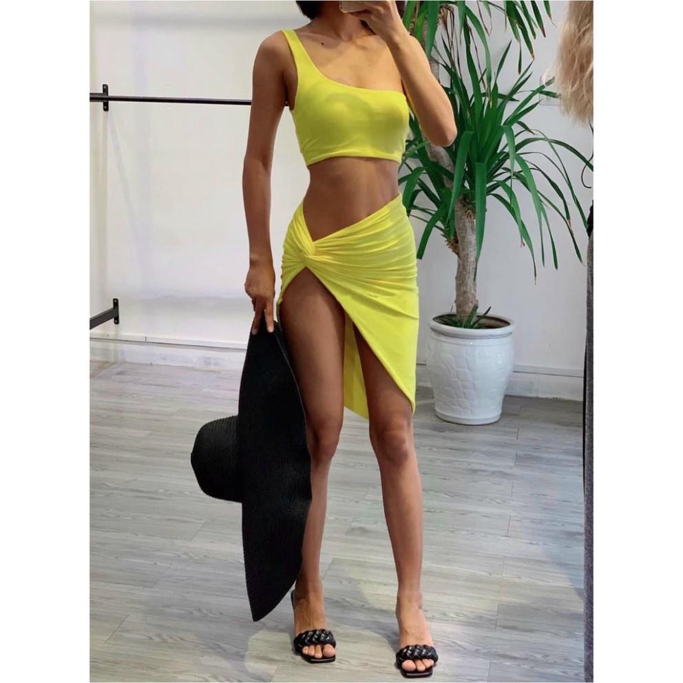 Bikini lệch vai kèm khăn quấn ( set 3 món)