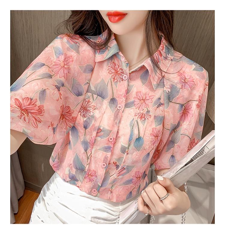 Áo sơ mi hoa dành cho nữ, tay phồng tiểu thư thanh lịch, chất voan mát mẻ, màu hồng nhẹ nhàng - Kemi