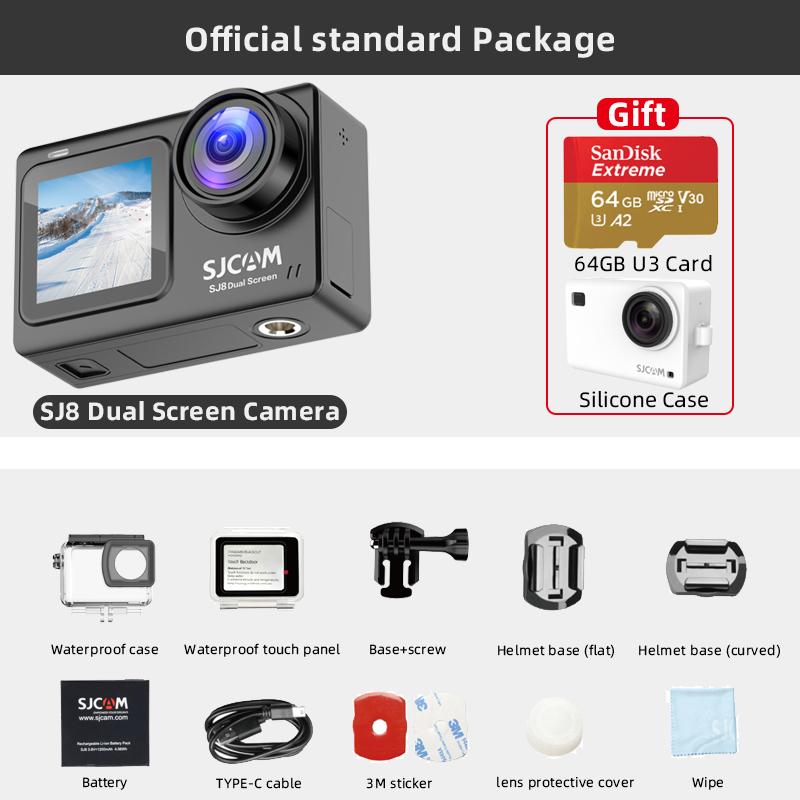 Máy ảnh hành động SJCAM SJ8 Màn hình kép 4K 30fps 20MP WiFi chống thấm WiFi Vision Touch Màn hình máy ảnh thể thao với thẻ nhớ 64GB