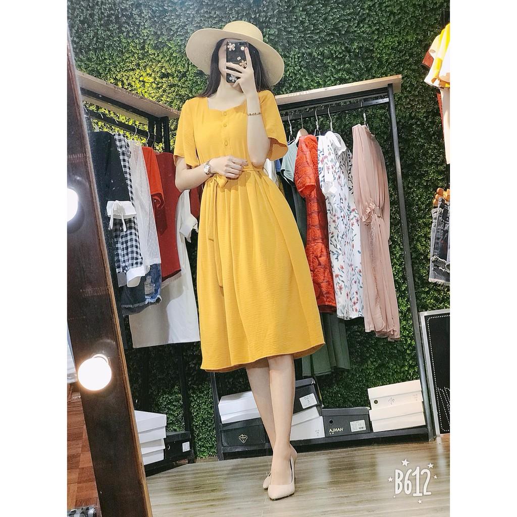 Đầm xòe cộc tay khuy trước đũi lụa nhật thời trang