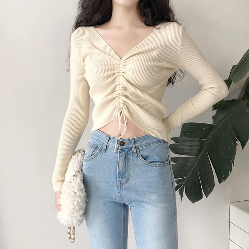 Áo Len Tay Dài Cổ Chữ V Dây Rút