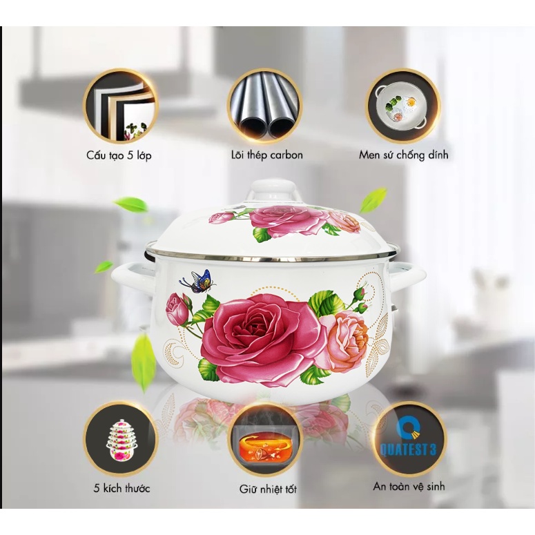GALEN - COMBO 2 Nồi Men Cao Cấp Size 18cm &amp; 24cm Dung Tích 2L &amp; 4.5L Nấu Được Trên Mọi Loại Bếp, Dày, Không Tróc Men