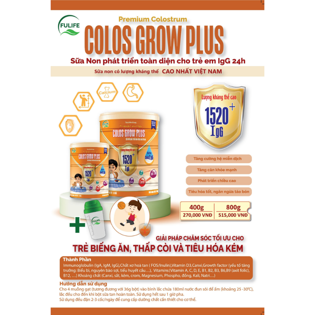 Sữa Non Colos GrowPlus Dành Cho Trẻ Biếng Ăn, Thấp Còi, Tiêu Hóa Kém và Phát Triển Chiều Cao - Lon 400g/ 800g