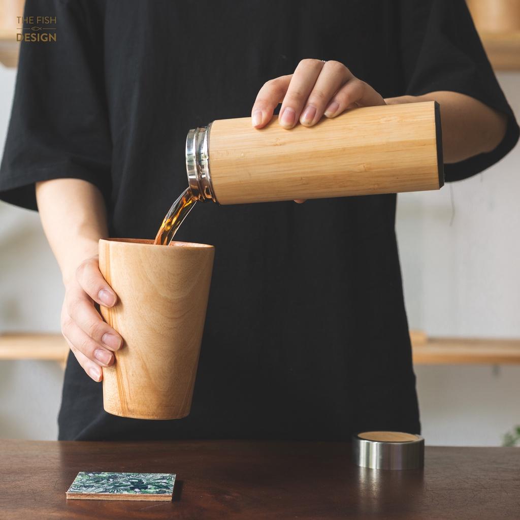 Cốc gỗ giữ nhiệt uống trà , cafe | THE FISH DESIGN size 350ml