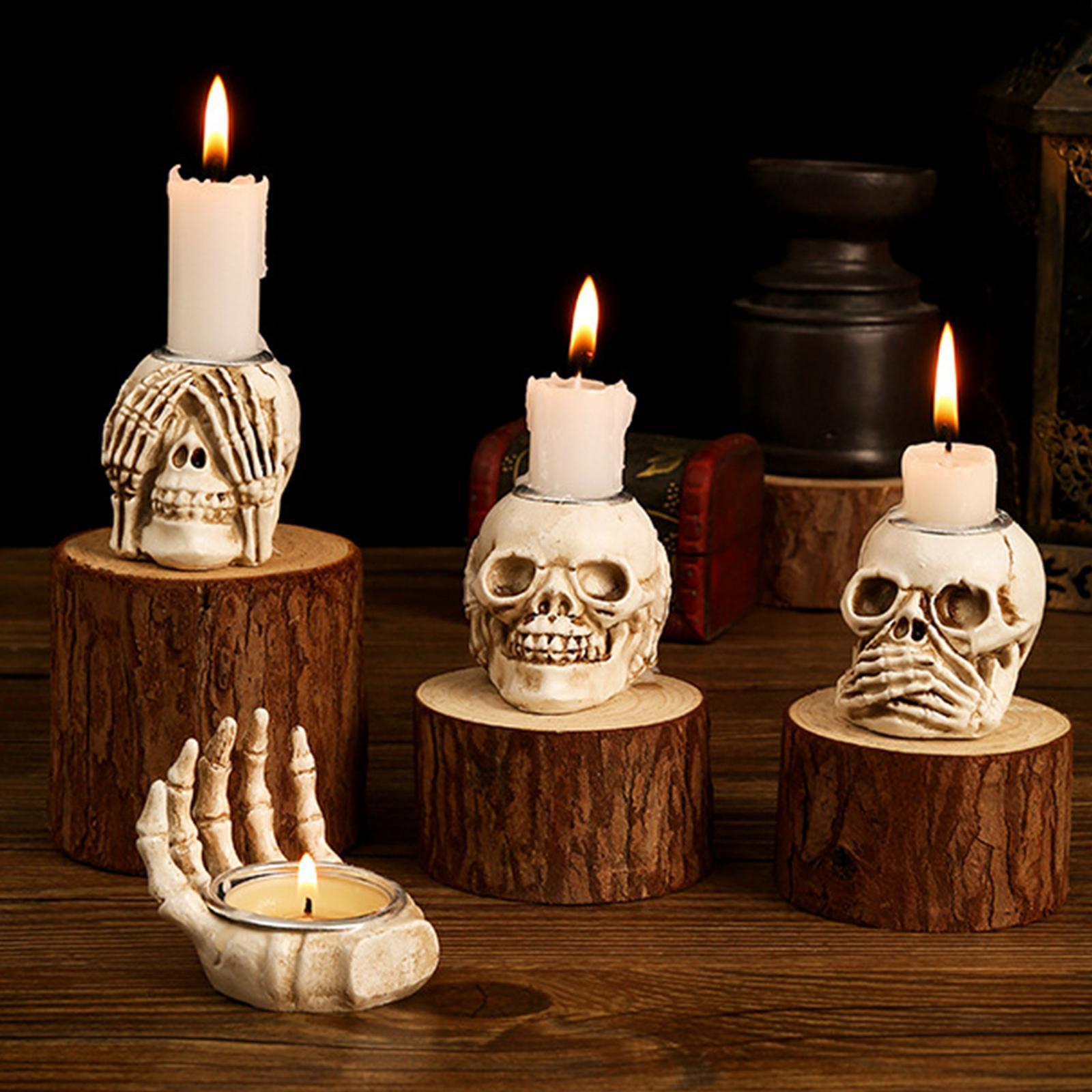 Halloween Skulls Candle Holder Candle Stand Human Skeleton Pillar Candle Holder for Haunted House Spooky Bar Holiday Table Centerpiece Party