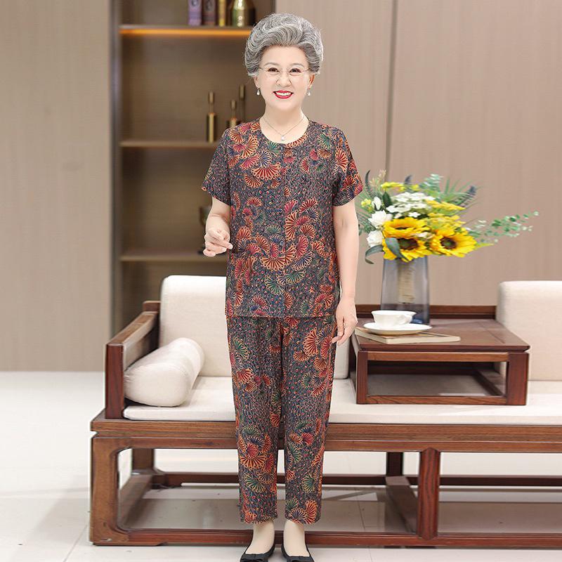 Đồ bộ mặc nhà cho người già cao tuổi, bộ mặc nhà tay cộc quần dài nữ trung niên
