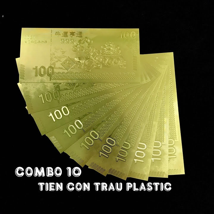 Combo 10 tờ lưu niệm 100 hình con Trâu, chất liệu nhựa plastic mạ một lớp màu vàng, dùng để trang trí trong nhà, làm tiền lì xì dịp Tết Tân Sửu 2021, treo trên cây mai, bỏ vào túi xách - SP005094