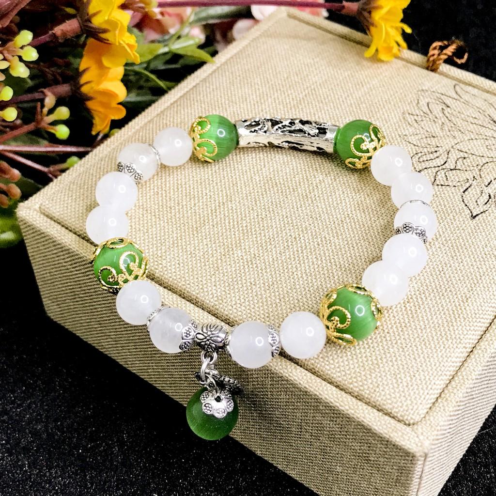 Vòng Tay Cho Mệnh Thủy - Vòng Tay Nữ Mã Não Trắng 8mm Mix Đá Mắt Mèo 10mm V355-8