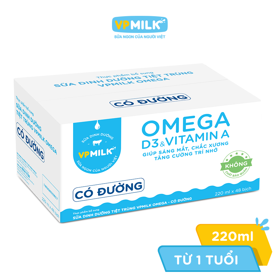 Sữa Dinh Dưỡng Tiệt Trùng VPMilk Omega Có Đường dạng hộp cho bé trên 1 tuổi 180ml (thùng 48 hộp)