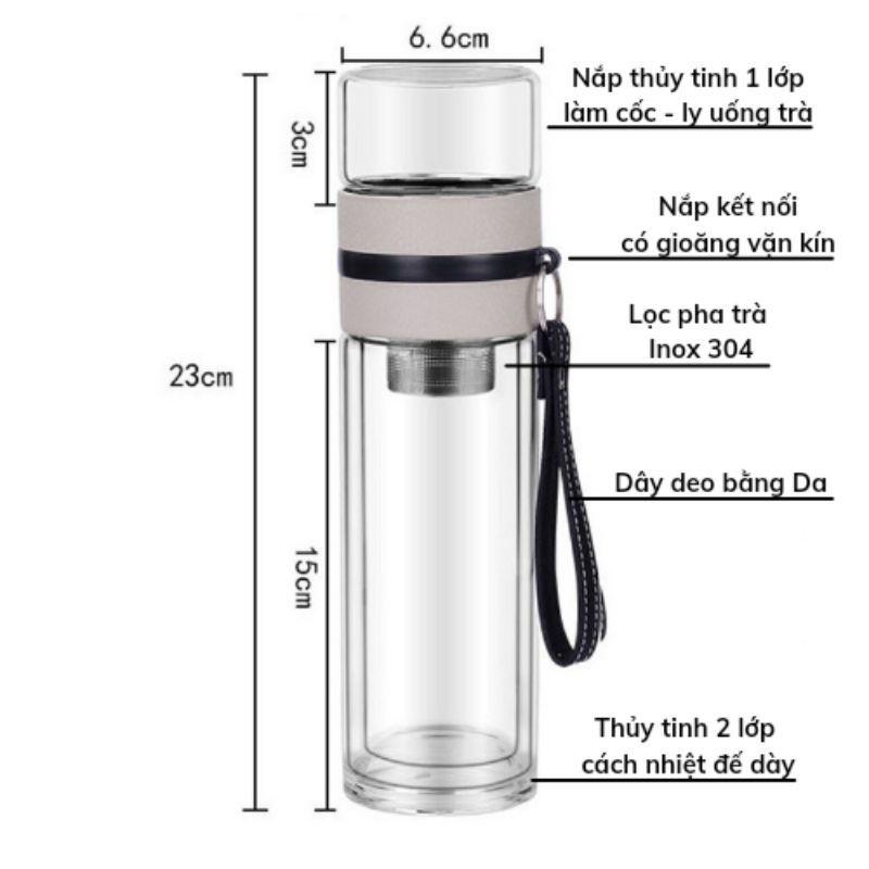 Bình Thủy Tinh 2 Lớp 400ml Pha Trà Cách Nhiệt Lõi Lọc Inox 304 Kèm Quai Xách Tiện Lợi