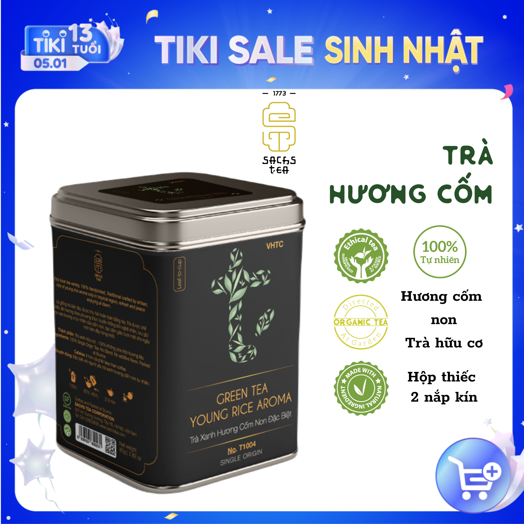 Trà xanh hương cốm non SACHS TEA 1773 thơm mùi cốm vị ngọt sâu chè hữu cơ thái nguyên 80g/hộp