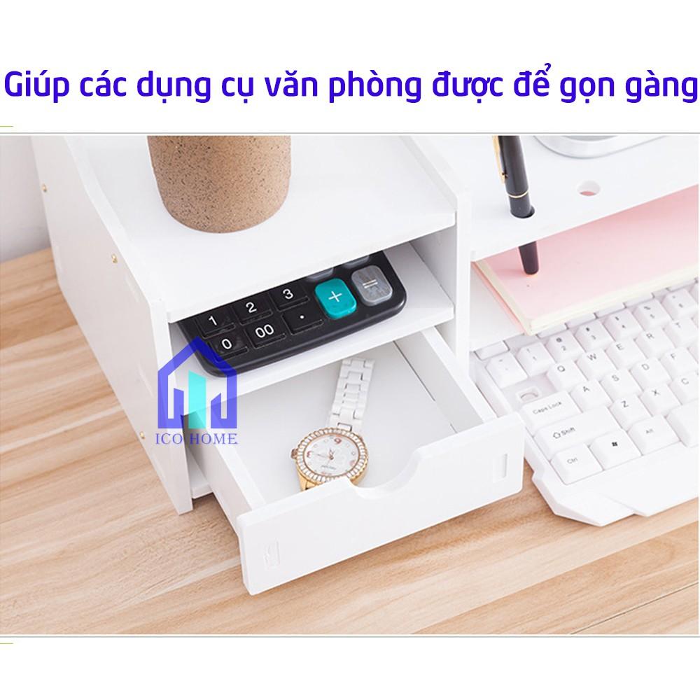 Kệ gỗ để màn hình máy tính, laptop cho bàn làm việc gọn gàng, có hộc kéo - ICO HOME