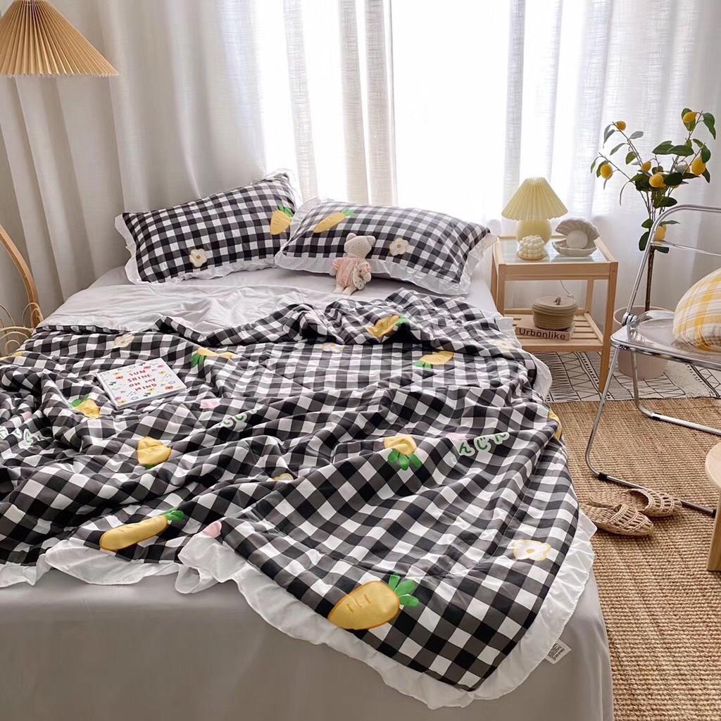 Bộ chăn đũi hè vỏ ga và 2 vỏ gối M2T bedding chăn lót bông thiết kế phối bèo họa tiết cà rốt nhật