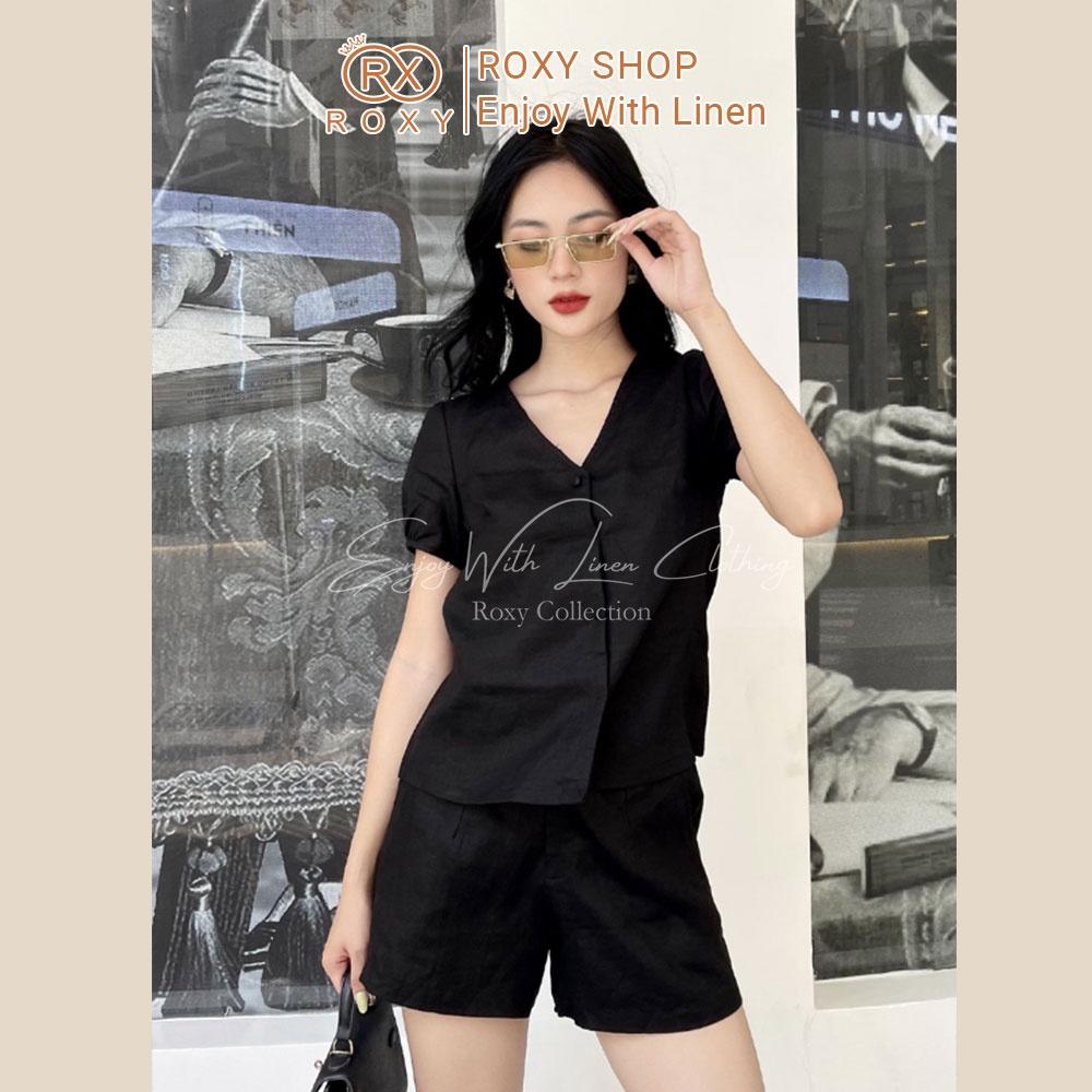 Bộ Linen Nữ Cổ Tim, Bo Chun Kết Hợp Quần Short Thoải Mái, Mát Mẻ Thời Trang Cho Nữ 2