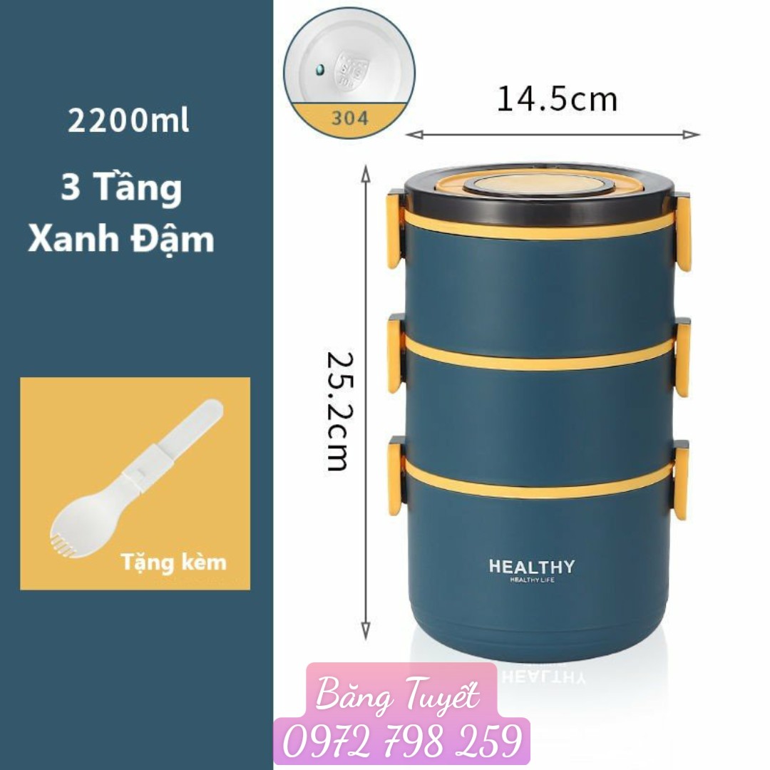 Cà Mèn HEALTHY 3 tầng giữ nhiệt, lõi inox cao cấp , cap lồng đựng thức ăn cao cấp