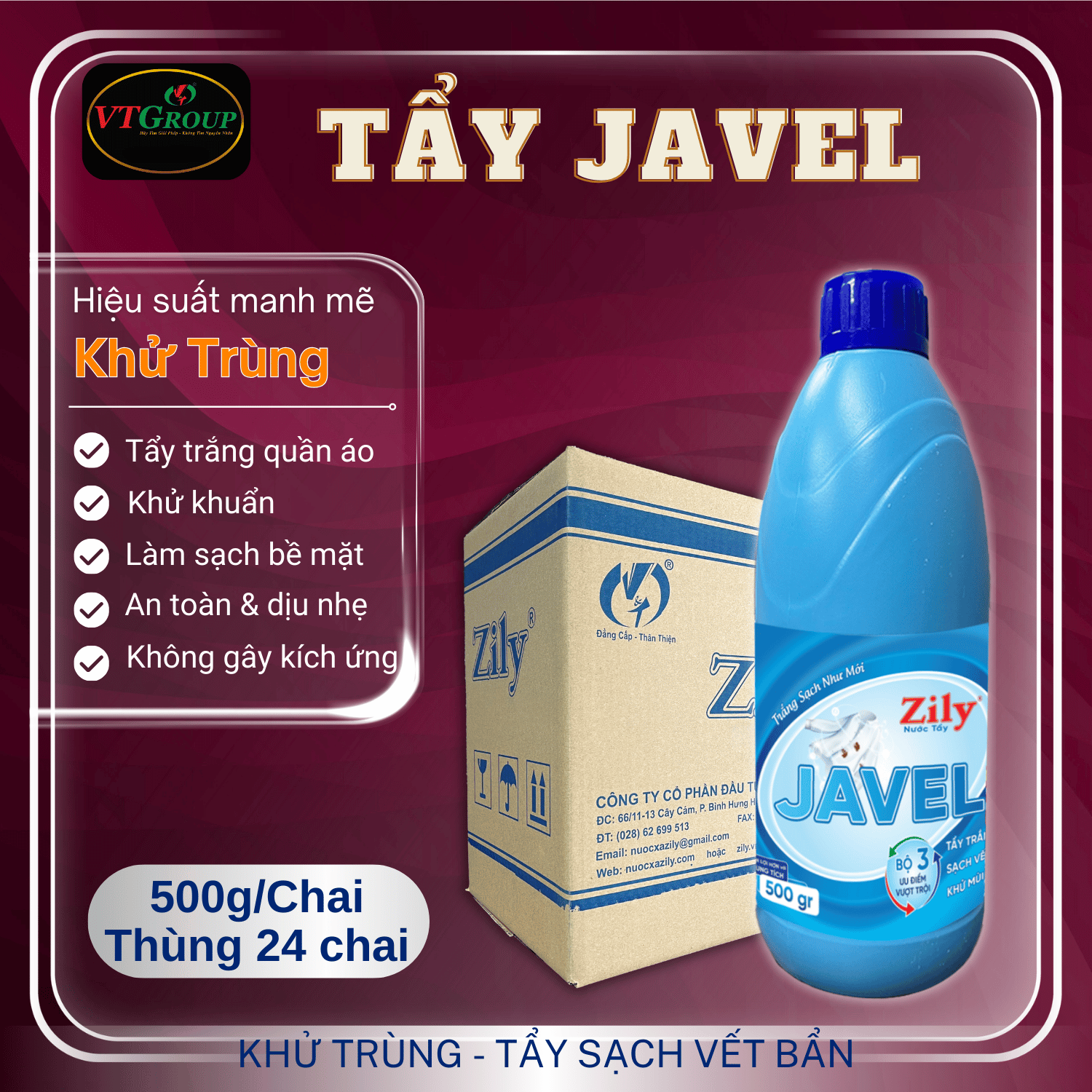 Nước Tẩy Trắng Javel Zily 500g - 24 Chai/Thùng