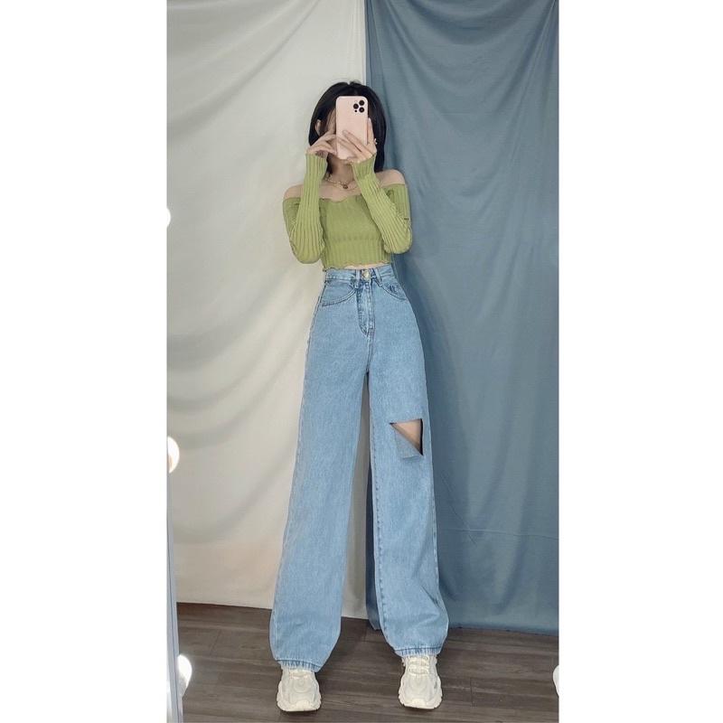 ( giá sỉ) Quần jean nữ ống rộng rách đùi màu xanh thời trang H.N.M STORE