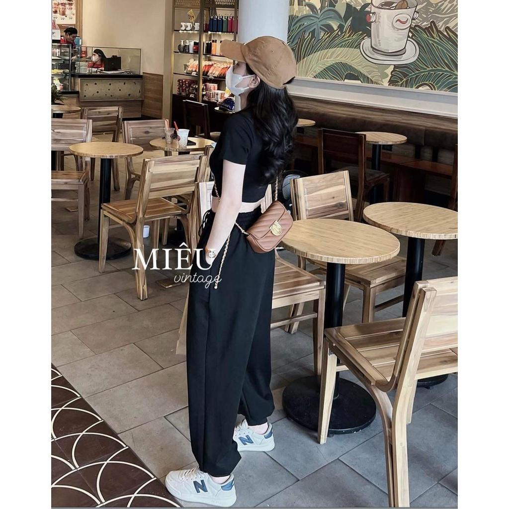 Bộ Áo Croptop Quần Jogger Nữ Set Áo Cộc Tay Quần Thun Ống Rộng 2 Màu