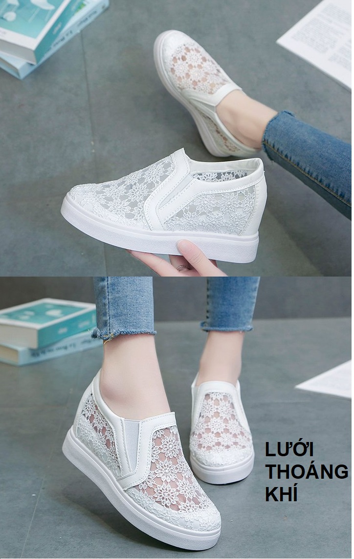 [CHẤT LƯỢNG] Giày độn đế nữ, giày slip on nữ đế độn lưới V10 phối ren hoa êm chân, hàng Quảng Châu loại 01 S080