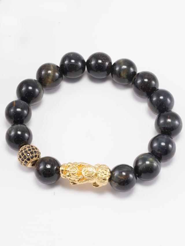 Vòng Tay Nam Đá Mắt Hổ Xanh Đen Phối Tỳ Hưu Bạc Mạ Vàng 24K Ngọc Quý Gemstones