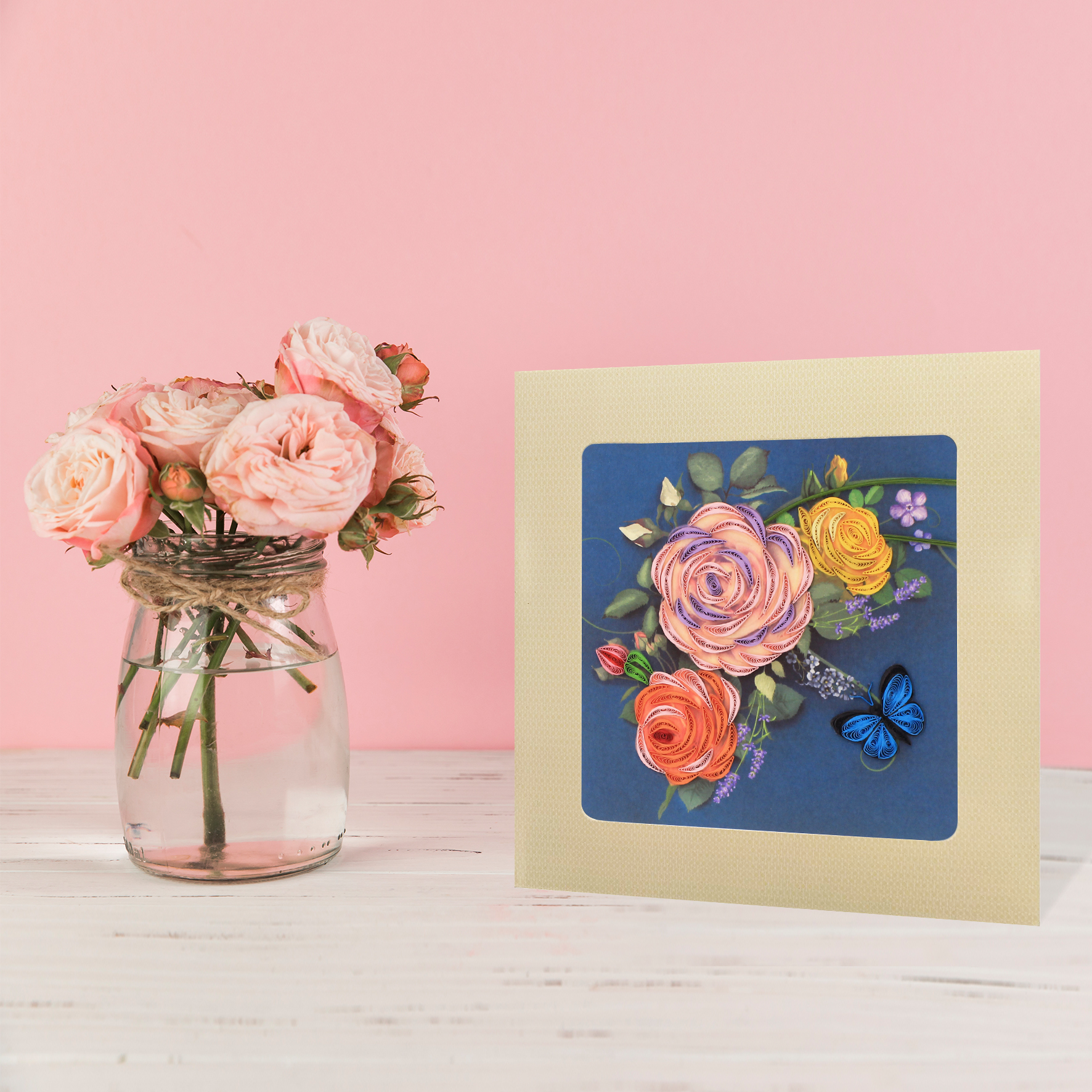 Thiệp Chúc Giấy Xoắn Thủ Công (Quilling Card) Vườn Hoa Hồng - Tặng Kèm Khung Giấy Để Bàn