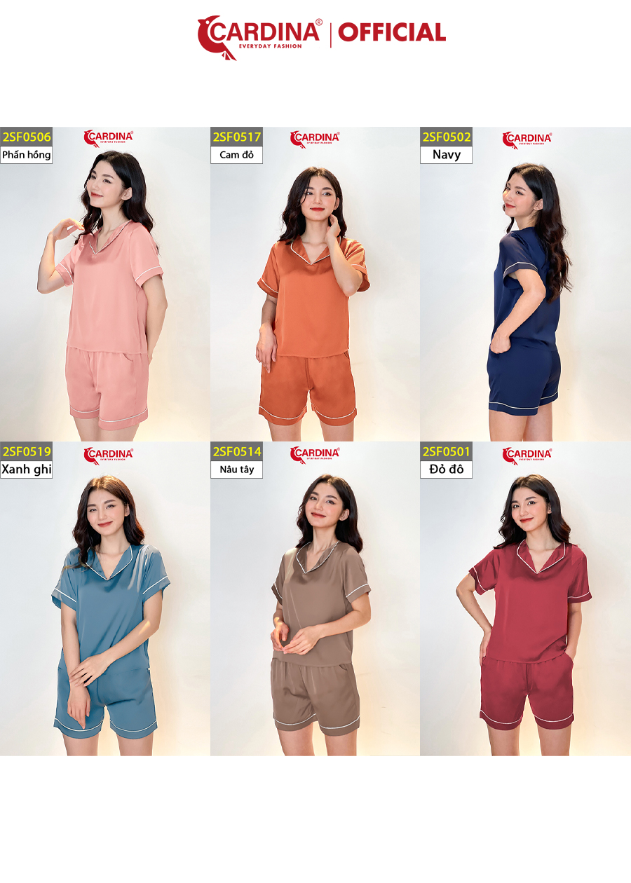 Đồ Bộ Nữ CARDINA Chất Lụa Satin Nhật Cao Cấp Áo Cộc Tay Cổ Bẹt Vai Quần Đùi Kẹp Viền Lé 2SF05